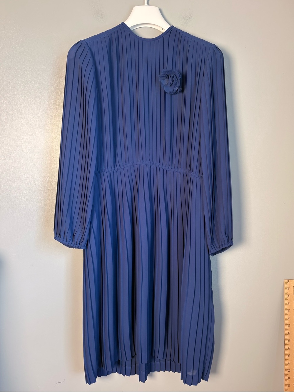 Vintage 80s Ann Hobbs Ltd Blue Pleated Accordion Midi Dress Rosette Shoulder Acc